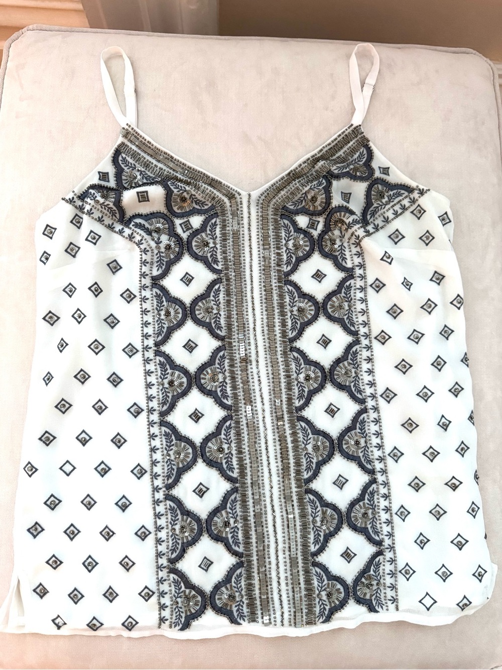 White House Black Market White & Silver Beaded Patterned Camisole